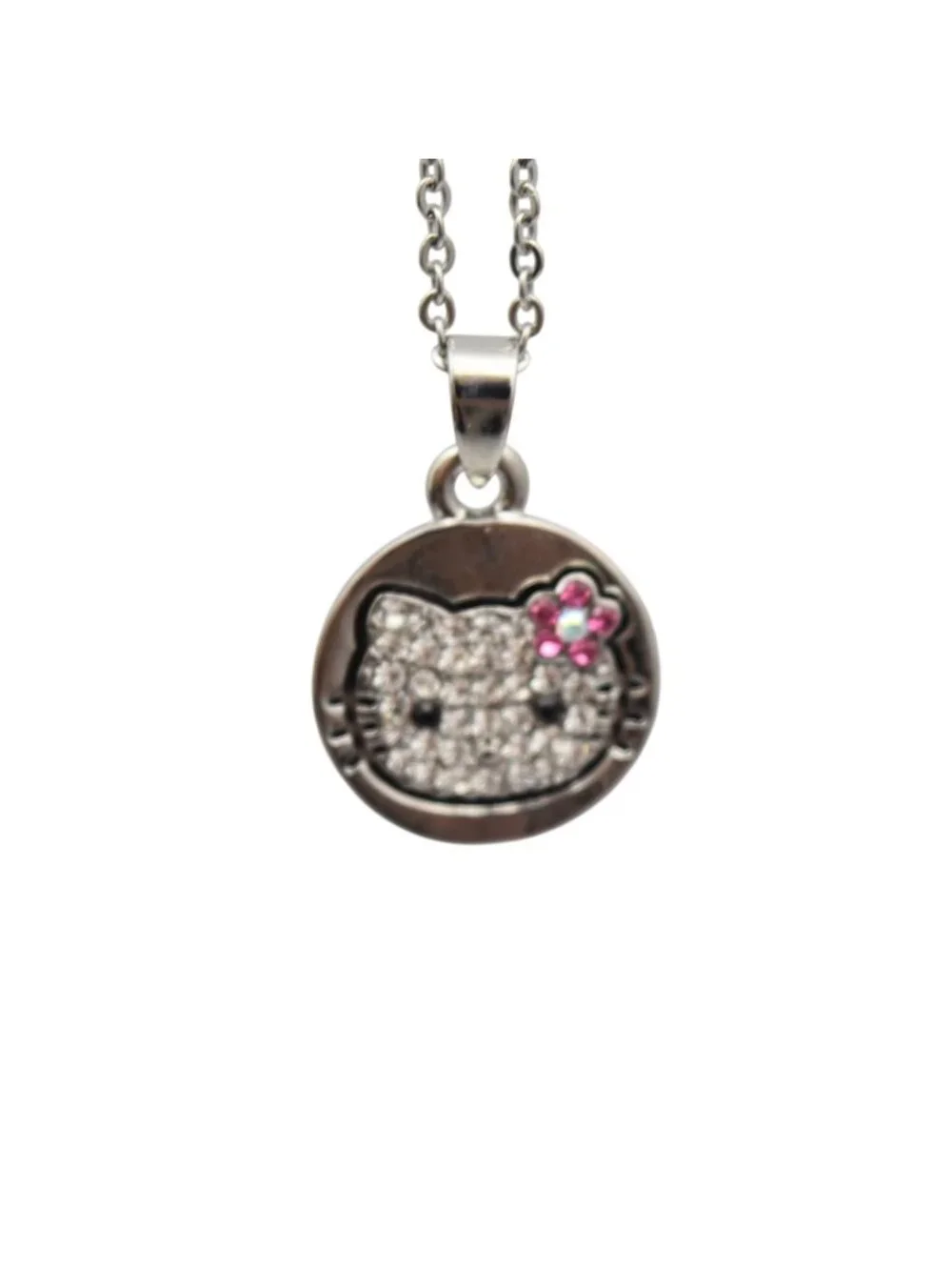 Sanrio Hello Kitty Rhinestone Pendant Necklace Silver Chain Pink Flower Charm